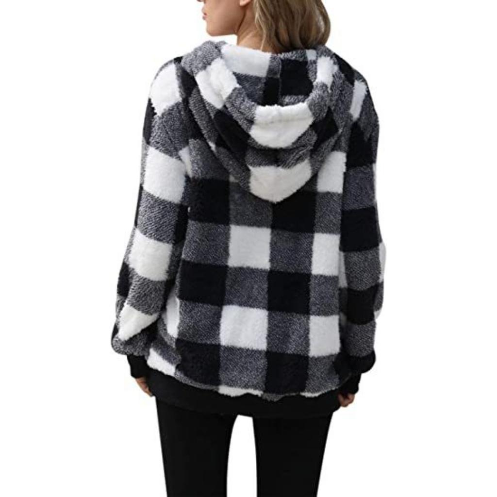 Plush Jacket Long Sleeved Hooded Plaid Plush, Women's Hoodie Jacket