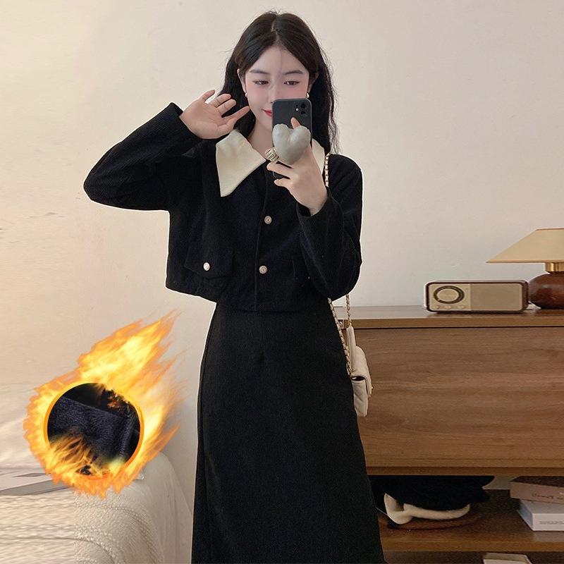 Real Shot of Autumn and Winter Corduroy Plus Velvet Large Size Small Fragrance Style Lapel Jacket High Waist Skirt Two-piece Set