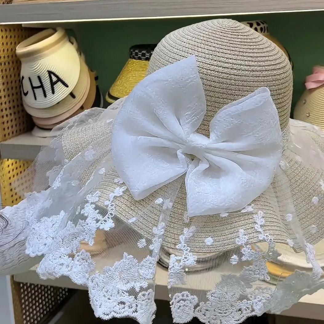 

WTEMPO Женские летние элегантные кружевные лоскутные шляпы от солнца с широкими полями, повседневные, дышащие, пляжные, солнцезащитные шляпы с бантом 1pc бежевый