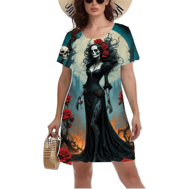 

Винтажное платье с принтом черепа и розы, женское, большого размера, с коротким рукавом и круглым вырезом, летнее повседневное платье А-силуэта в стиле Харадзюку, Vestidos XL