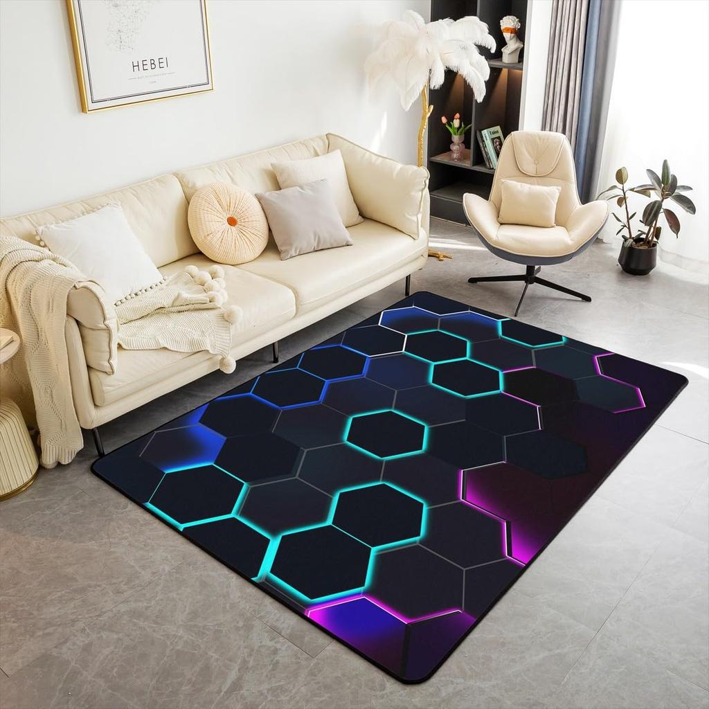 Tech Glow Hexagon Themed Rug,Anti-Slip Mat with Blue Green Neon Honeycomb for Living Room Game Room,Futuristic Decorative Carpet