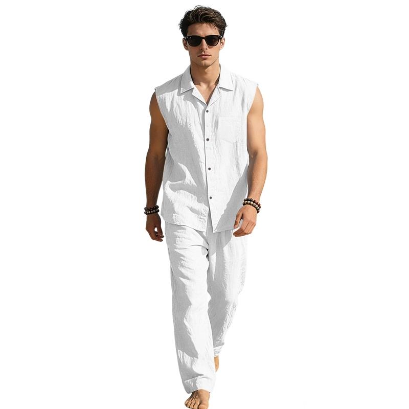 Summer Men Linen Matching Outfit Sleeveless Lapel Button Front Pocket Shirt Elastic Drawstring Straight Leg Trousers Breathable Casual Two Piece Suit