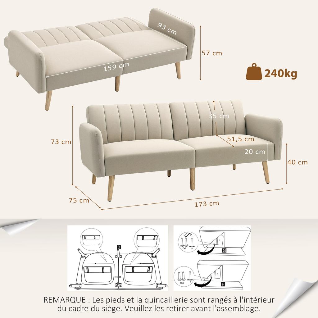 Scandinavian Design 2 Seater Convertible Sofa Reclining Backrest 3 Positions Wooden Legs Linen Look Fabric Beige