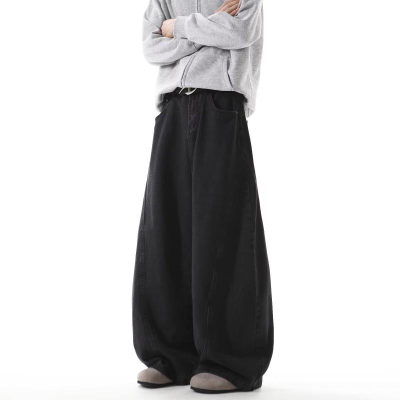 Mens Black Wide Leg Denim Pants Loose Fit Straight Cut Casual Trousers With Slight Stretch