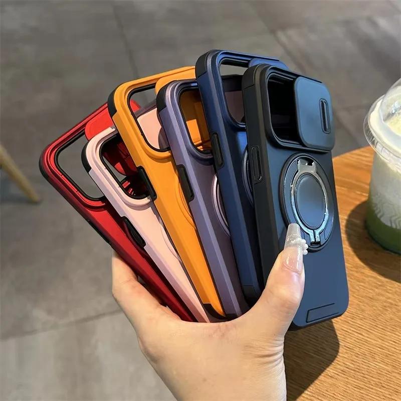 Slide Camera Lens Protection Case For iPhone 16 Pro Max 15 14 Plus 13 12 11 Ring Magnetic Bracket Holder Shockproof Armour Cover