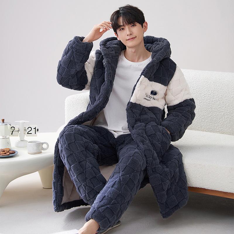 2024 Men's Quilted Winter Hooded Pajama Bathrobe - Warm, Thick Coral Fleece Outerwear