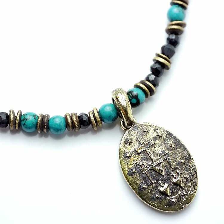 Silver One se Virgin Mary Necklace with Miraculous Medal, Turquoise, and Black Spinel [43cm Long] Natural Stone Beads for Men