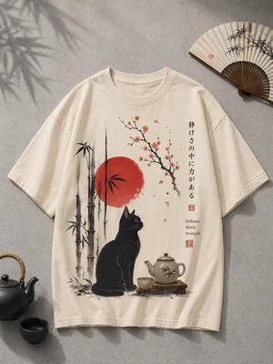 Μαύρη Γάτα Ιαπωνικό T-Shirt, Vintage Ιαπωνία T-Shirt με Τσάι, Γραφικό T-Shirt με Άνθη Κερασιάς, Ιαπωνικό Αισθητικό Φαρδύ T-Shirt, Δώρο Unisex