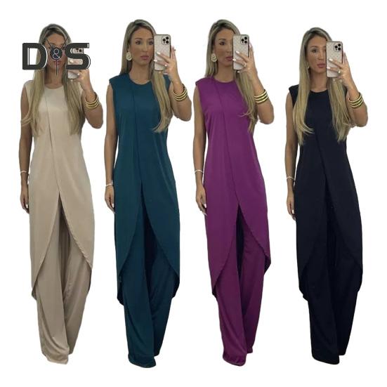 2 Pcs/Set Women Top Pants Set Irregular Hem Wide Leg Solid Color Soft Round Neck Loose Sleeveless Long Blouse Trousers Set