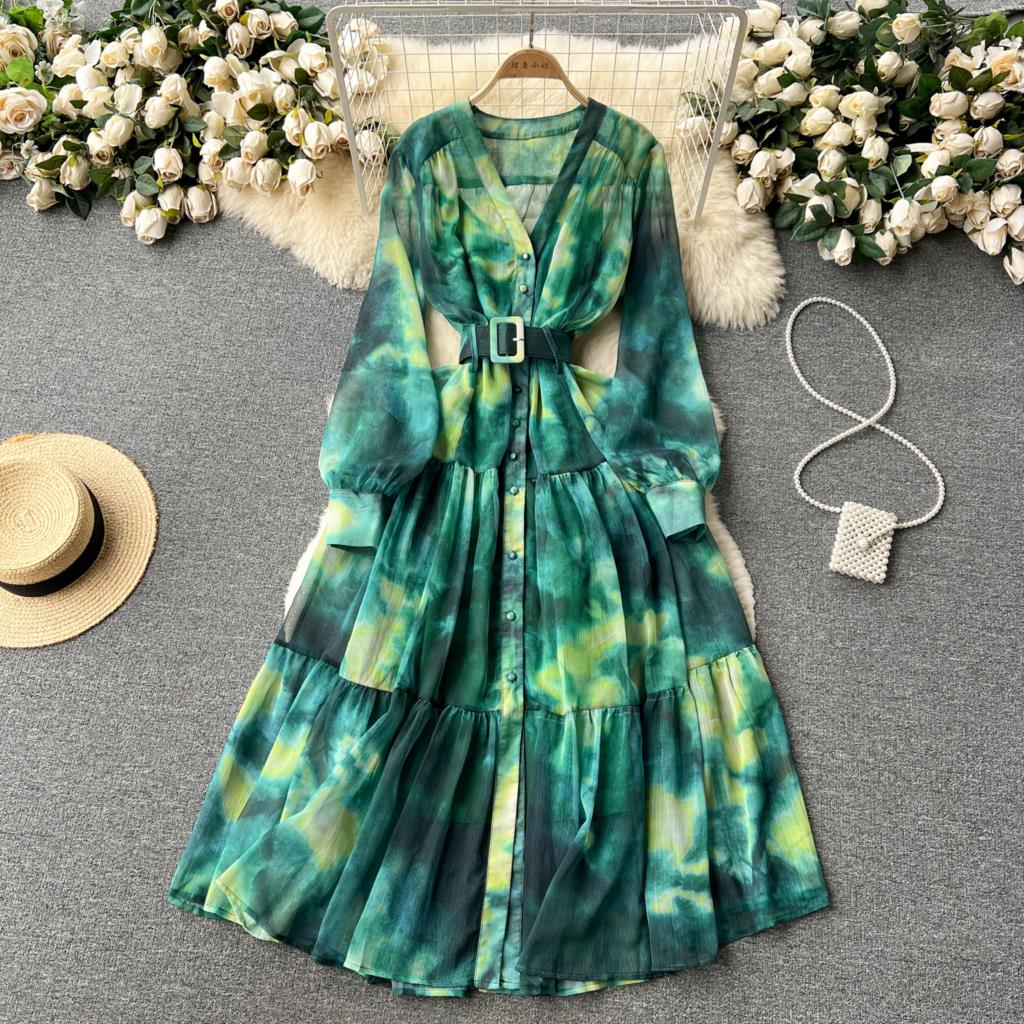 Women French Fashion Single Breasted V Neck Long Dress With Belt Summer Autumn Elegant Print A-line Robe Female Holiday Clothes