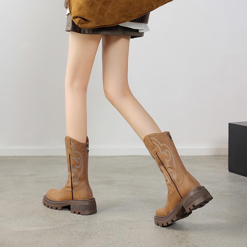 Sunset Pier~ Embroidered Western Cowboy Boots European and American Knight Boots Medium Boots