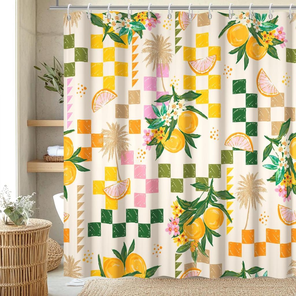 Lemon Shower Curtain, Yellow and Green Fruits Shower Curtain for Bathroom Waterproof Fabric Summer Shower Curtain Set with Hooks, 72x72 Inch