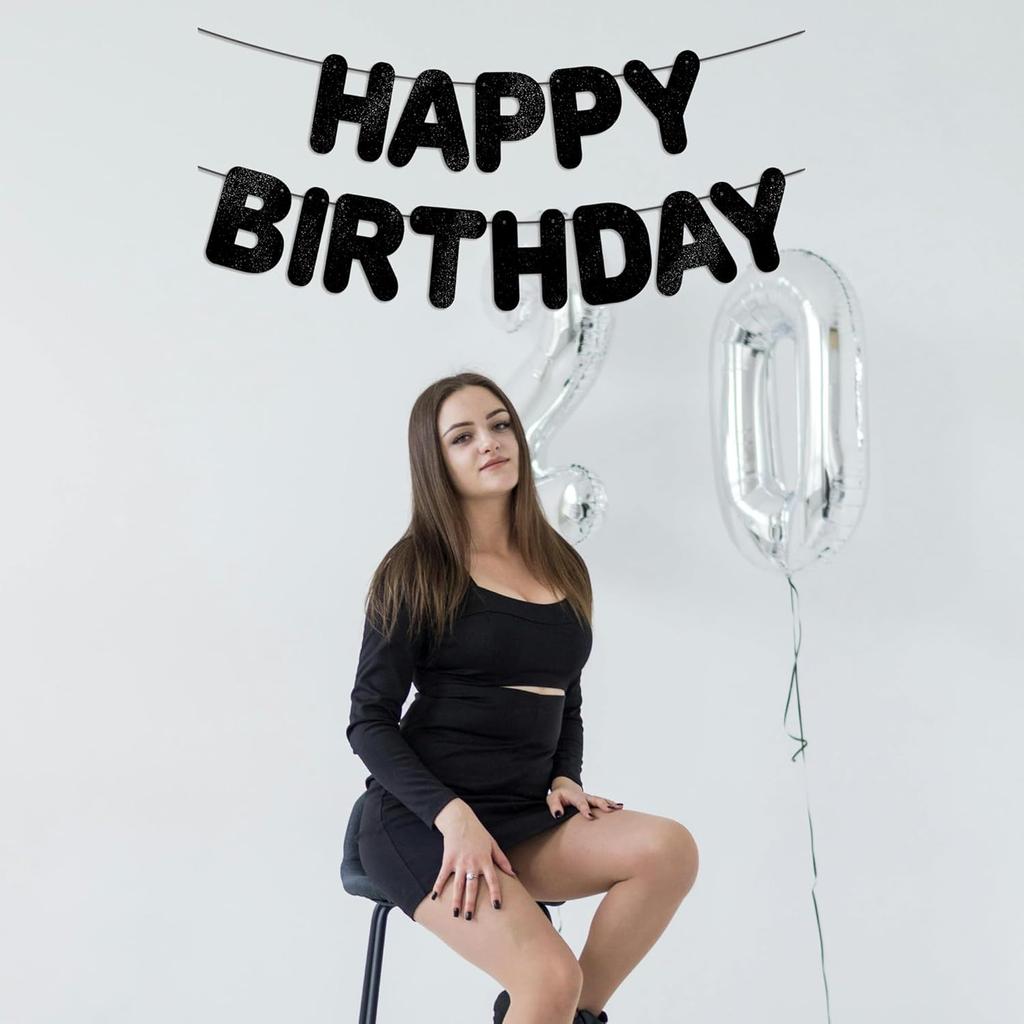 Pre-Strung Happy Birthday Black Glitter Banner, Black Birthday Party Decorations for Men, BDAY Party Backdrop Sign for Him