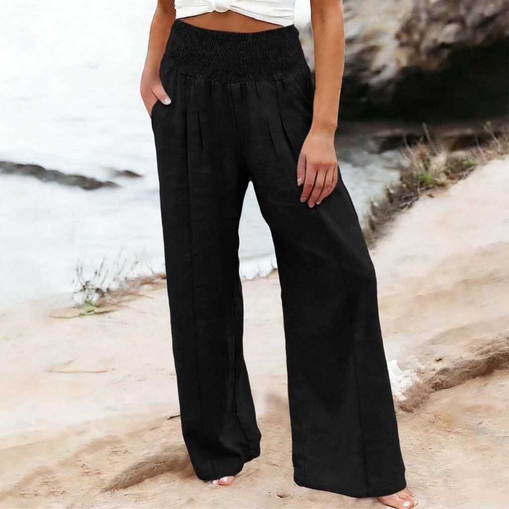 Women's Casual Fashion Cotton Linen Elastic Waist Pants With Pockets