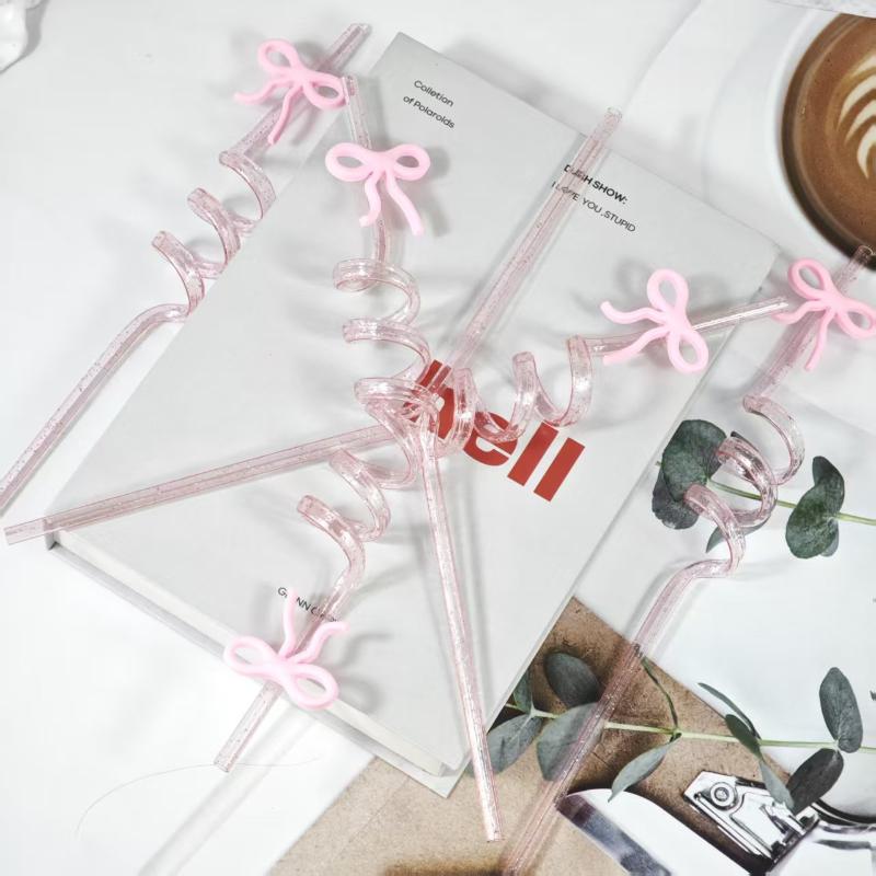 5Pcs Pink Bow Straw Curved Drink Reusable Glitter Straw Home Birthday Party Cocktail Wedding Tea Decorations Cute Supplies