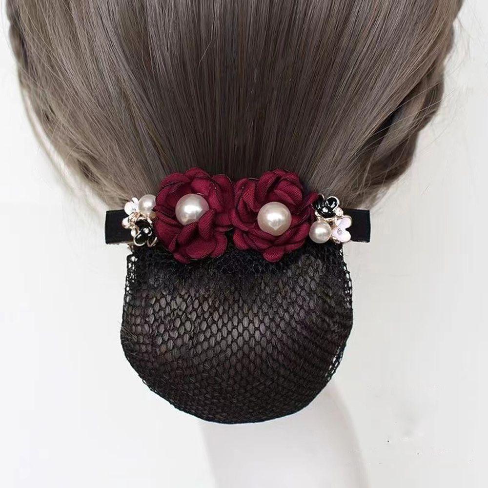 Pearl for Stewardess Nurse Flower Hairnet Women Spring Clip Mesh Snood Korean Style Headwear