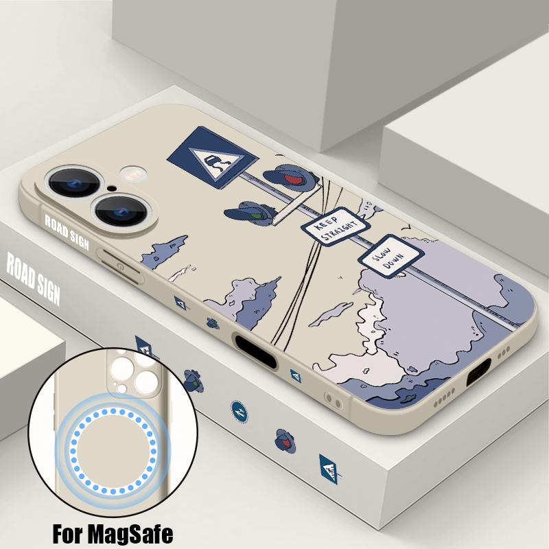

Road Sign Silicone Magnetic Case For iPhone 16e 16 15 14 Pro 13 12 Pro Max 11 For Magsafe Wireless Charge Soft TPU Phone Cover iPhone 15