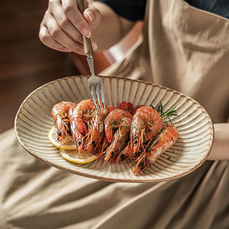 Ovale Platte Retro-Stil Grobkeramikplatte Keramikplatte Reliefmuster Speiseteller Haushalt Groß Gemüseteller Fischteller