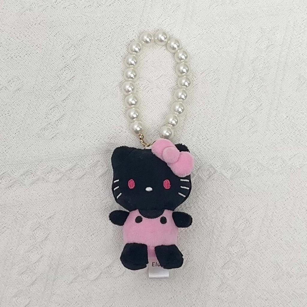 Hello Kitty Cat Plush Keychain With Soft Short Pile For Girls Gift And Bag Decoration PearlChainBlackPinkCat