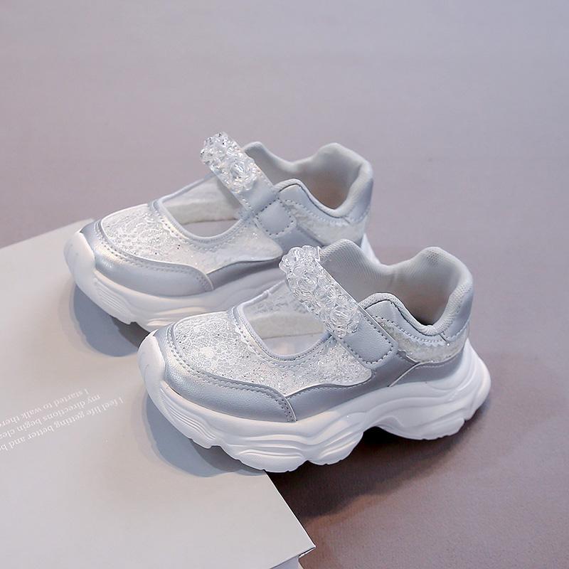 Girls Sports Shoes Shiny Sequin Kids Running Shoes with Sweet Beading Non-slip 2025 Summer New Children Princess Shoes Soft Sole