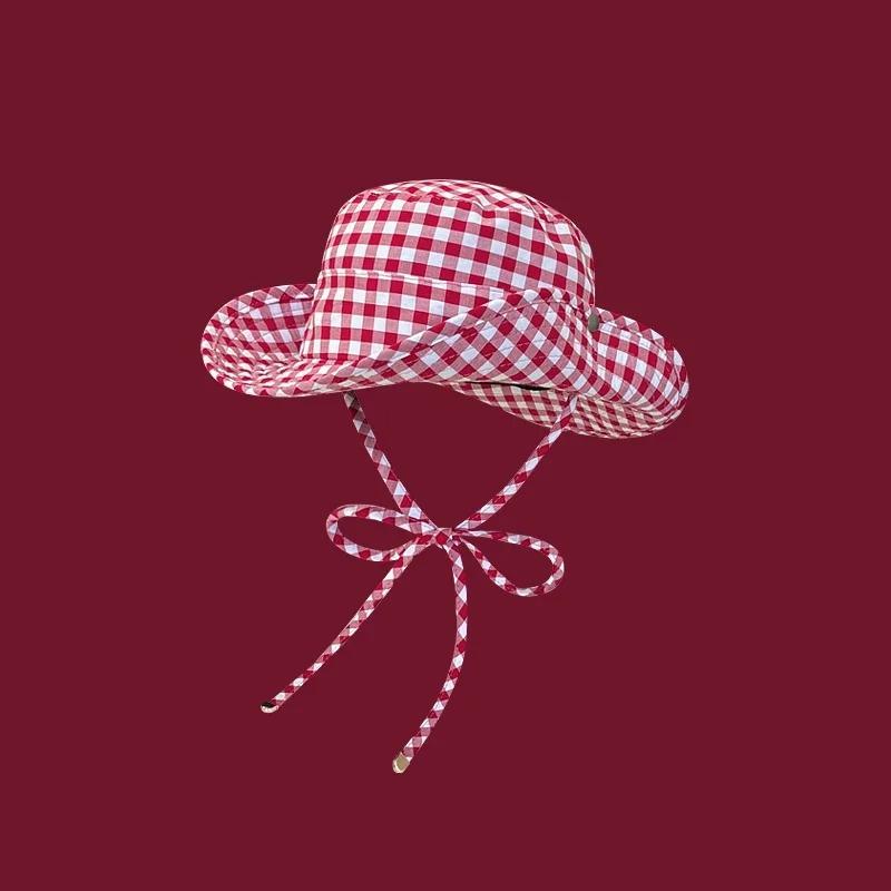 

Vintage Plaids Bucket Hats Women Versatile Sweet Lace-up Fisherman s Hat Summer Big Brim Sun Protection UV Protection Sun Hat 56-58cm красный