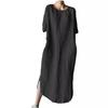 2024 Solid Color Crew Neck Side Slit Mid-Calf Dress with Short Sleeves