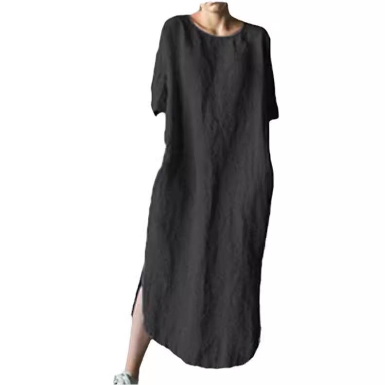 2024 Solid Color Crew Neck Side Slit Mid-Calf Dress with Short Sleeves