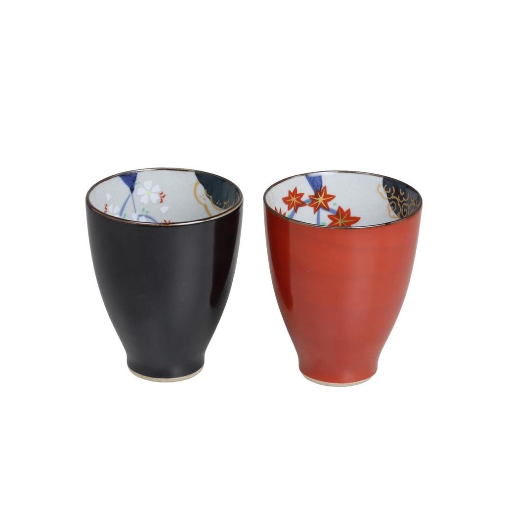 Yuki Roman Hasami-yaki Japanese Tea Cup Set - Traditional Red Autumn Motif Pair, Lightweight Ceramic Yunomi for Home & Gift