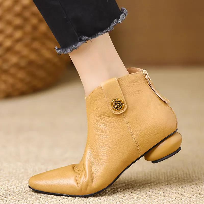 Fashion Booties Autumn New Pointed Toe Rear Zipper Metal Buckle Soft Sole Anti-Slip Wear-Resistant Single Boots