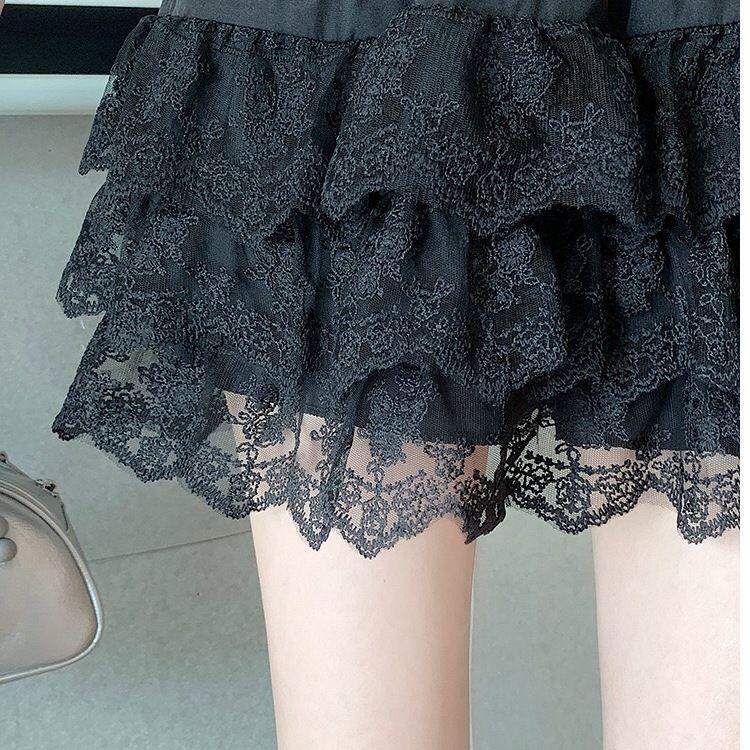 Dámské léto s vysokým pasem sladká krajková sukně Krátké mini dortové nafouklé sukně Černá bílá roztomilá sukně