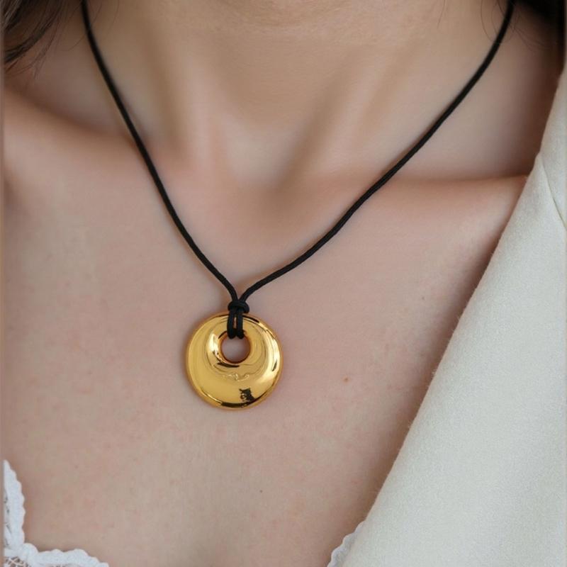 Stylish Black Cord Necklace With Leather Pendant Modern Jewelry Comfortable Black Rope Necklace For Women Everyday Wear