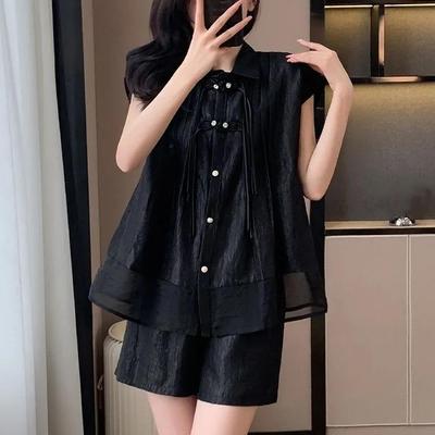 Set Casual Lejer de Vară pentru Femei, Stil Retro Chinezesc, Cămașă fără Mâneci cu Nasturi Plachetă + Pantaloni Scurți, Set Confortabil din Două Piese