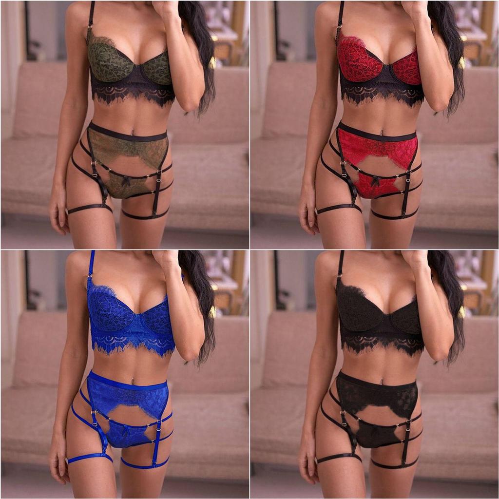 Women's Lace Suspender Lingerie Set with Eyelash Trim