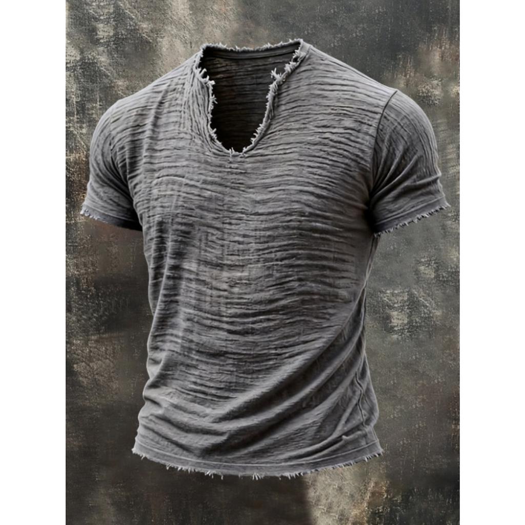 Summer, Solid Color, Men's T-shirt, Retro V-neck, Hairy Edge, Short Sleeve