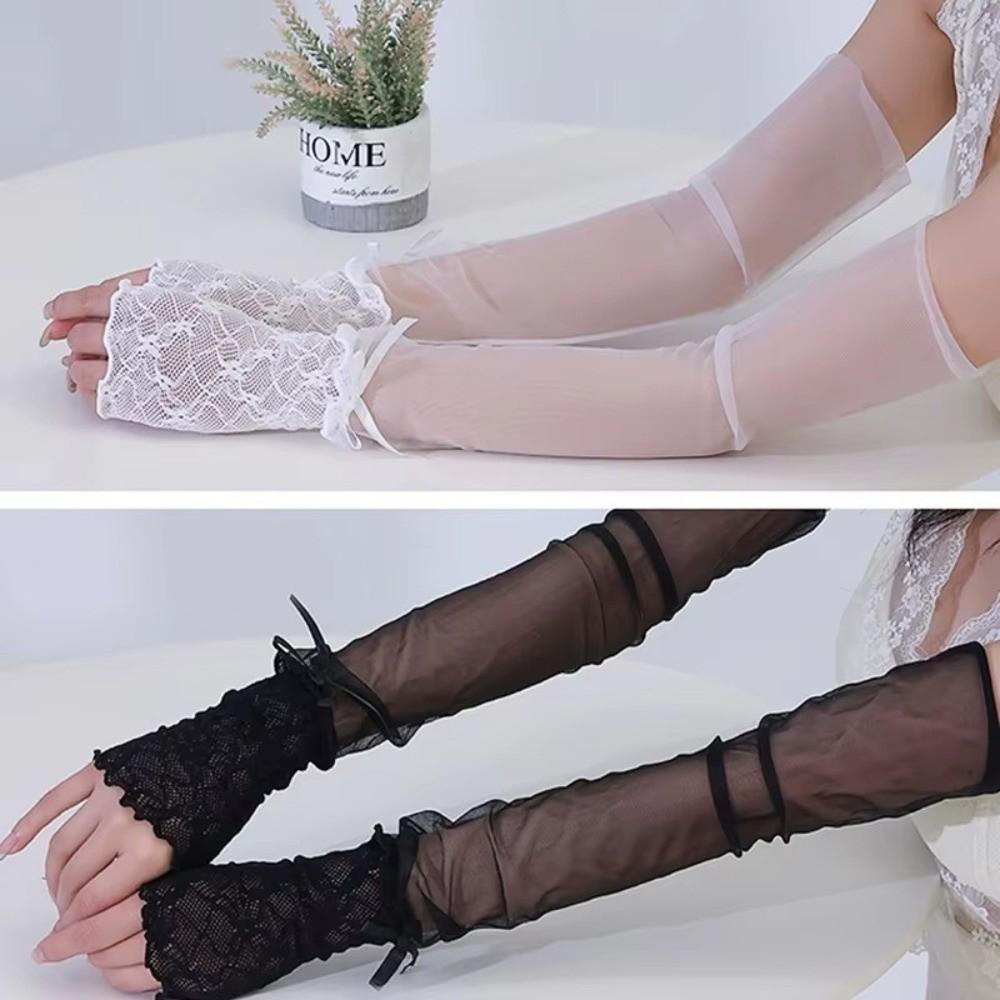 Bowknot Fingerless Gloves Sheer Lolita Gloves Y2K Mesh Gloves