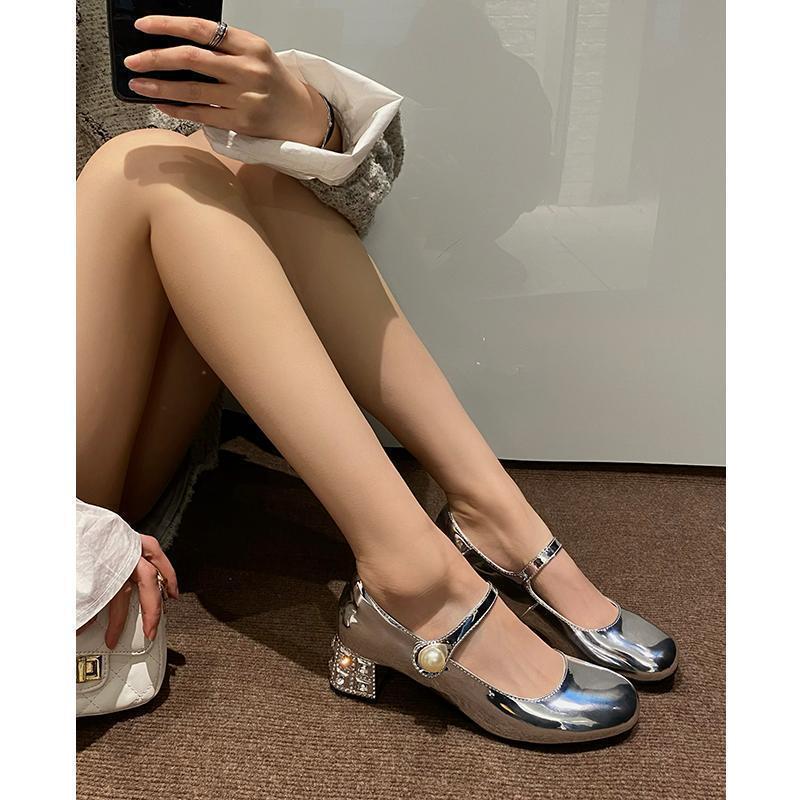 FairyWink qiao exquisit oh! Rundkopf silberner Strass Einzelne Schuhe Damen High Heels dicker Absatz Mary Jane Schuhe