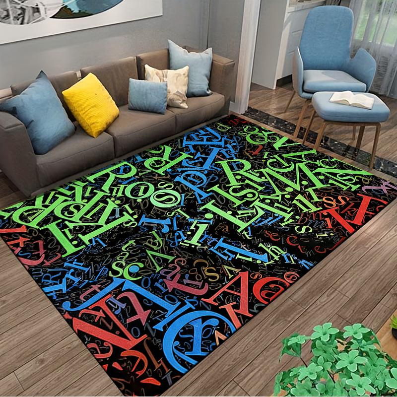 Colorful Alphabet Pattern Carpet with Vibrant Letters On Black Background Suitable for Use As an Anti-slip for Living Room Bedroom Sofas