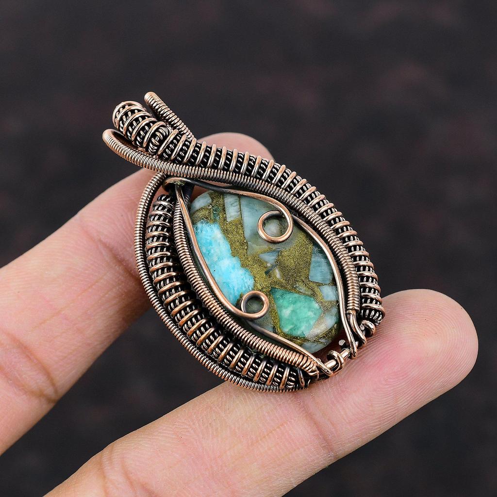 Copper Amazonite Pendant Copper Wire Wrapped Gemstone Jewelry Handmade Unique Pendant Amazonite Jewelry For Gift Copper Wire Wrapped Pendant
