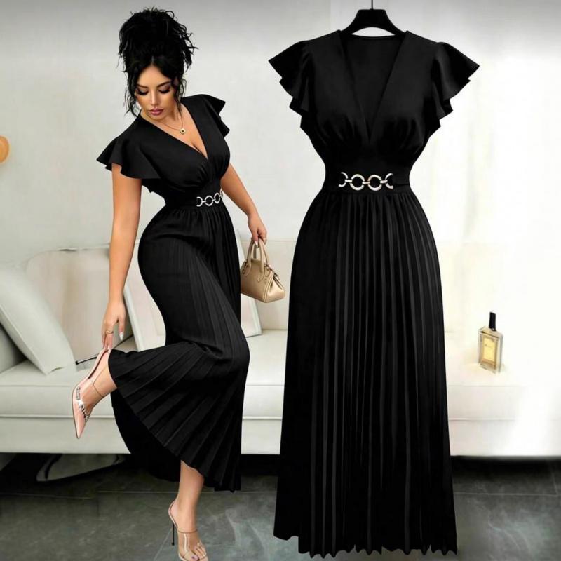 Summer new women s elegant long dress with V-neck, ruffled sleeves, metallic decoration, and pleated design S чёрный
