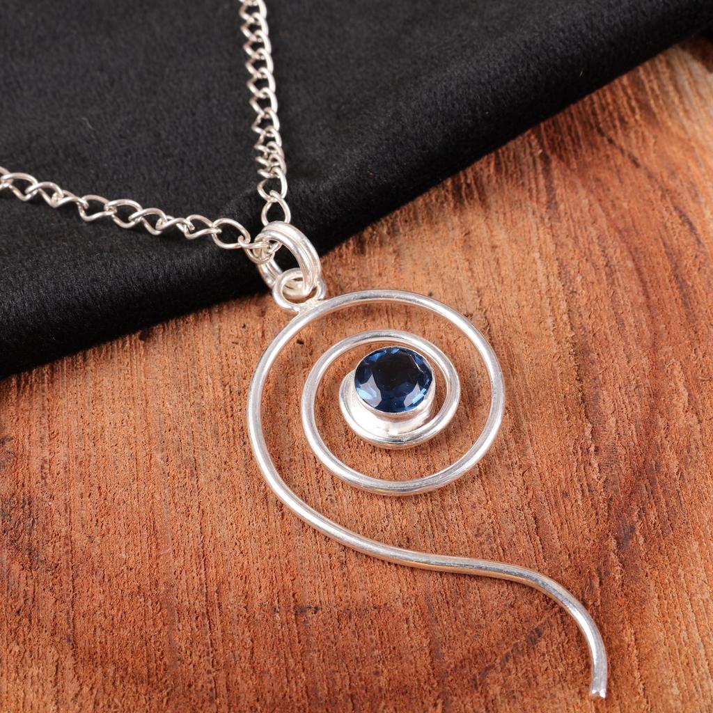 London Blue Topaz Gemstone Jewelry, 925 Solid Sterling Silver Pendant, Handmade Bohemian Pendant For Gift