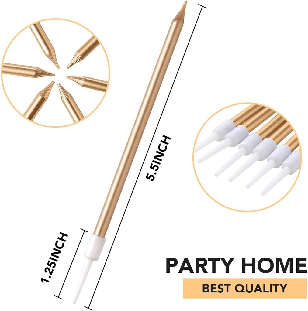 30pcs Count Party Long Thin Cake Candles Metallic Birthday Candles in Holders for Birthday Cakes Cupcake, Champagne Gold