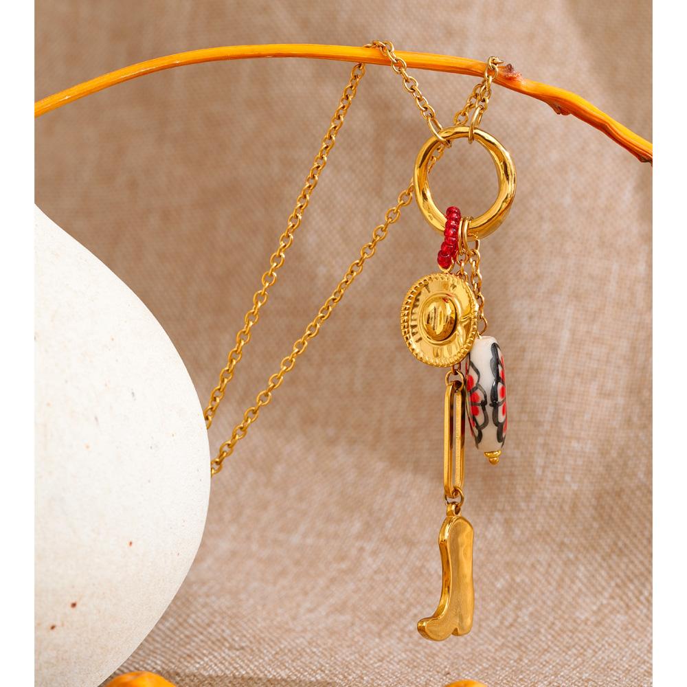 Yhpup 80+5cm Stainless Steel Ceramic Flower Shoes Pendant Long Necklace Stylish Unique Statement Neck Jewelry Handmade Bijoux