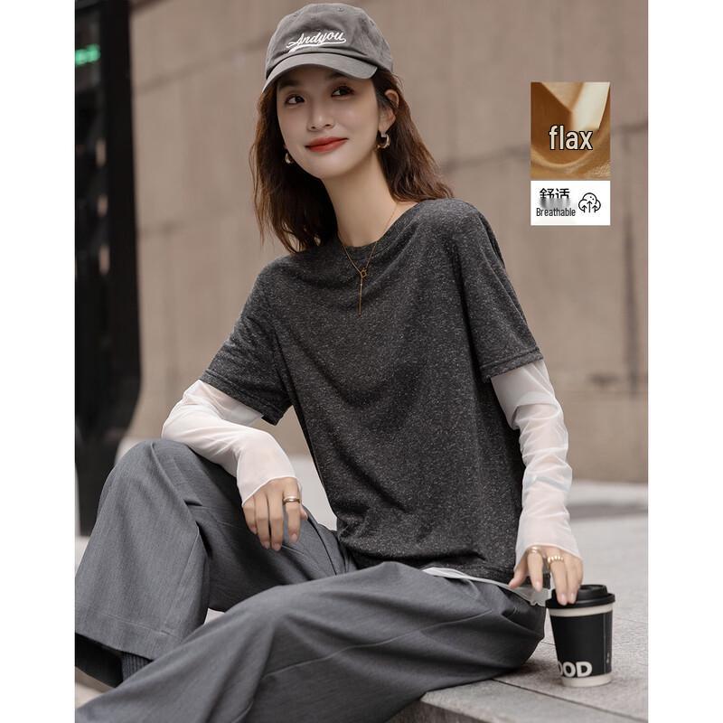 Women s Breathable Linen Blend Round Neck Colorblock T-shirt L