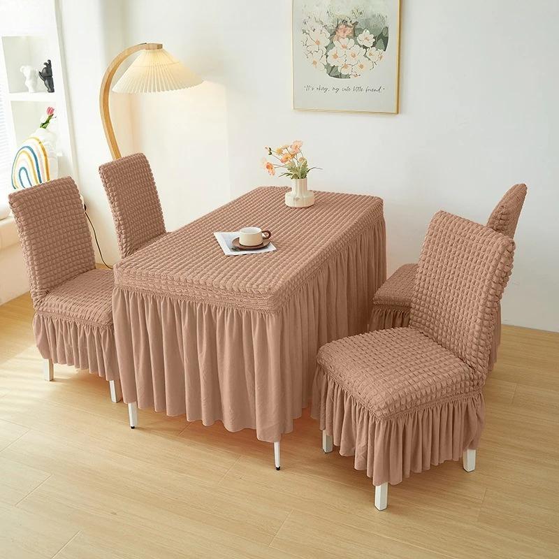 French Style Seersucker Table Cloth with Skirt Stretch Rectangular Anti-Dust Dining Table Cover Removable Washable Home Decor