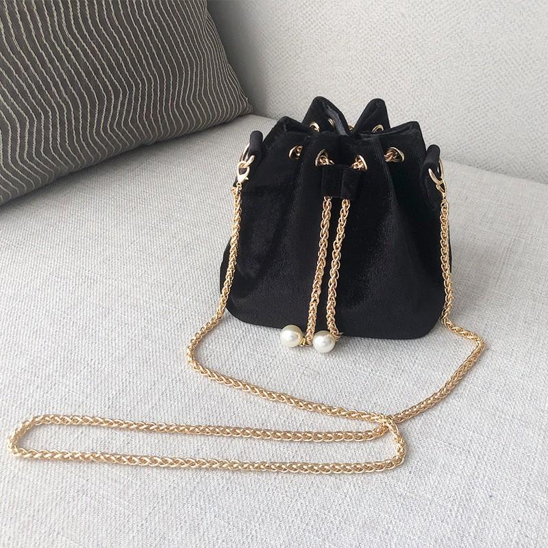Velvet Mini Bucket Bag Women Sweet Vintage Crossbody With Pearl Chain Strap Drawstring