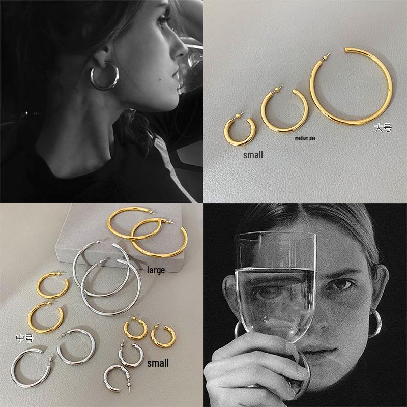 2024 European & American Minimalist Gold-Tone C-Shaped Hoop Earrings for Women