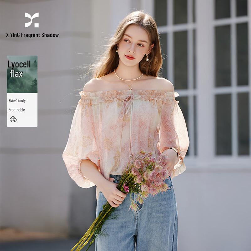 Xiangying Women s Off-Shoulder Gradient Print Chiffon Blouse M