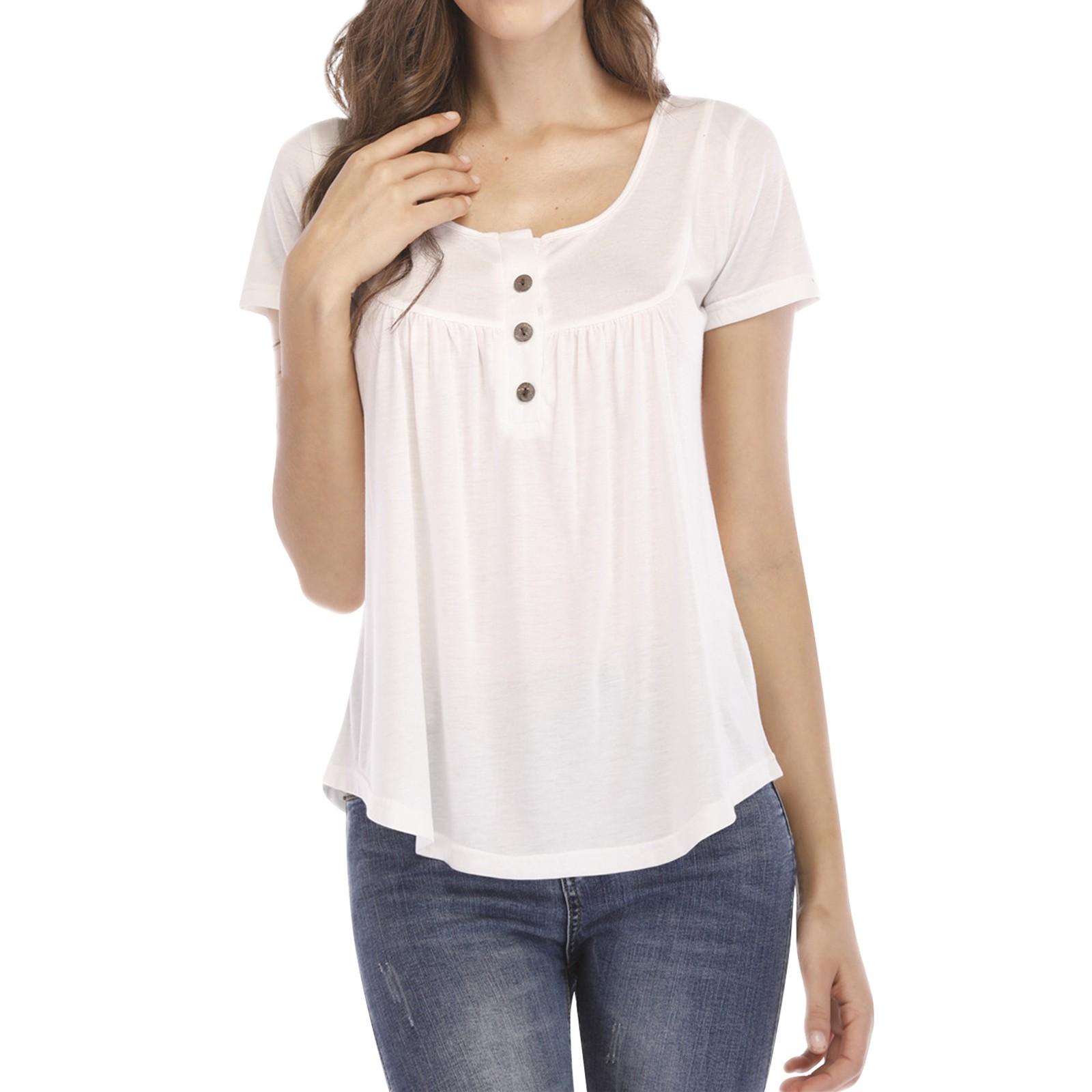 

Женская мода, свободная однотонная футболка с короткими рукавами и пуговицами на шнурке, топ XL белый