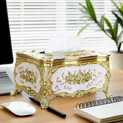 Zlatě pokovený box na kapesníky se vzorem růží Americký styl Držák na papír Vhodný do více místností Domácí dekorace na stůl