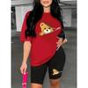 Women's Summer Casual Loose Plus Cartoon Bear Print Round Neck Short Sleeved T-shirt Paired with Cropped Pants Two-piece Set